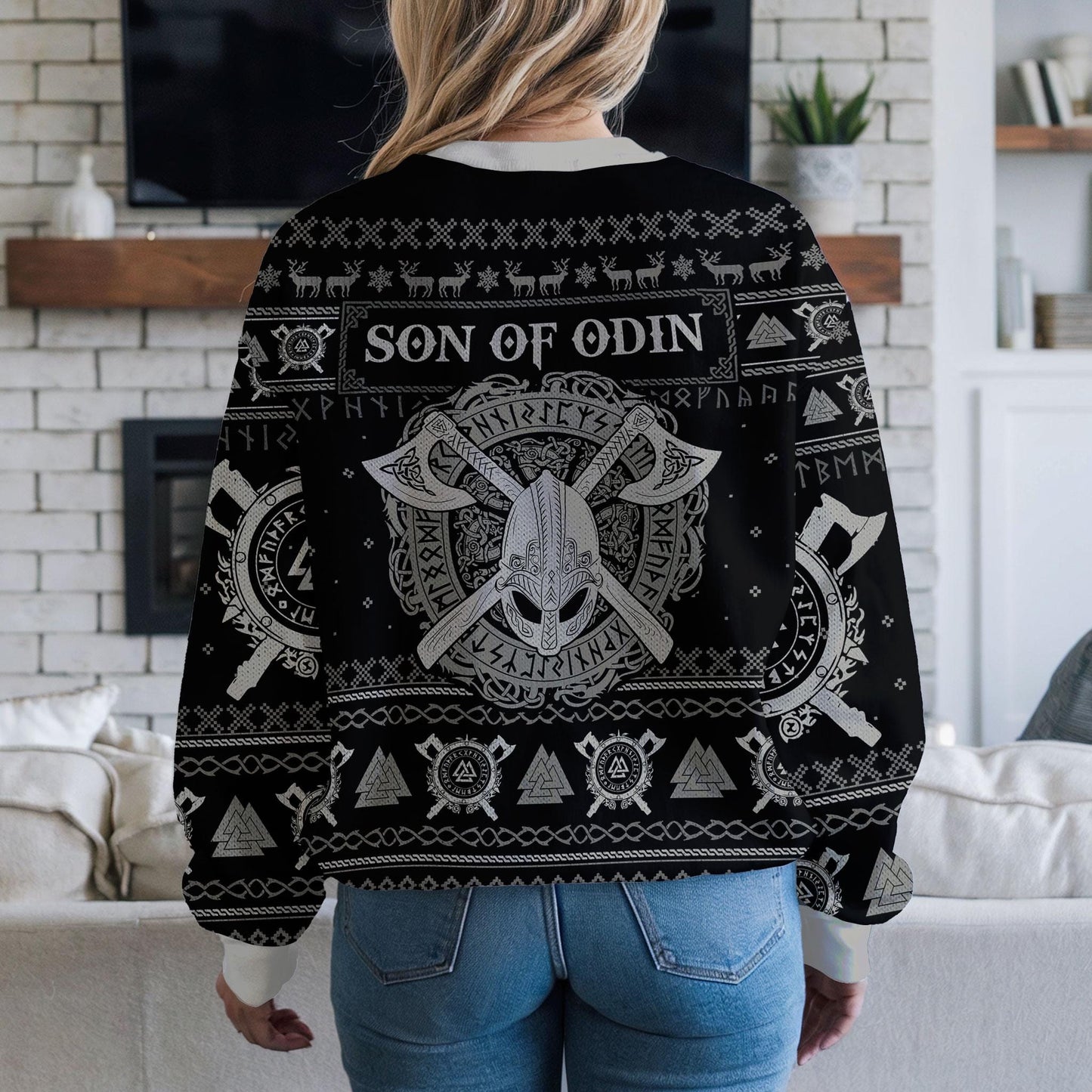 Son of Odin Viking Christmas Sweater For Men Women, Norse Mythology Ugly Xmas Sweatshirt with Runes Helm and Axes Nordic Warrior Gift