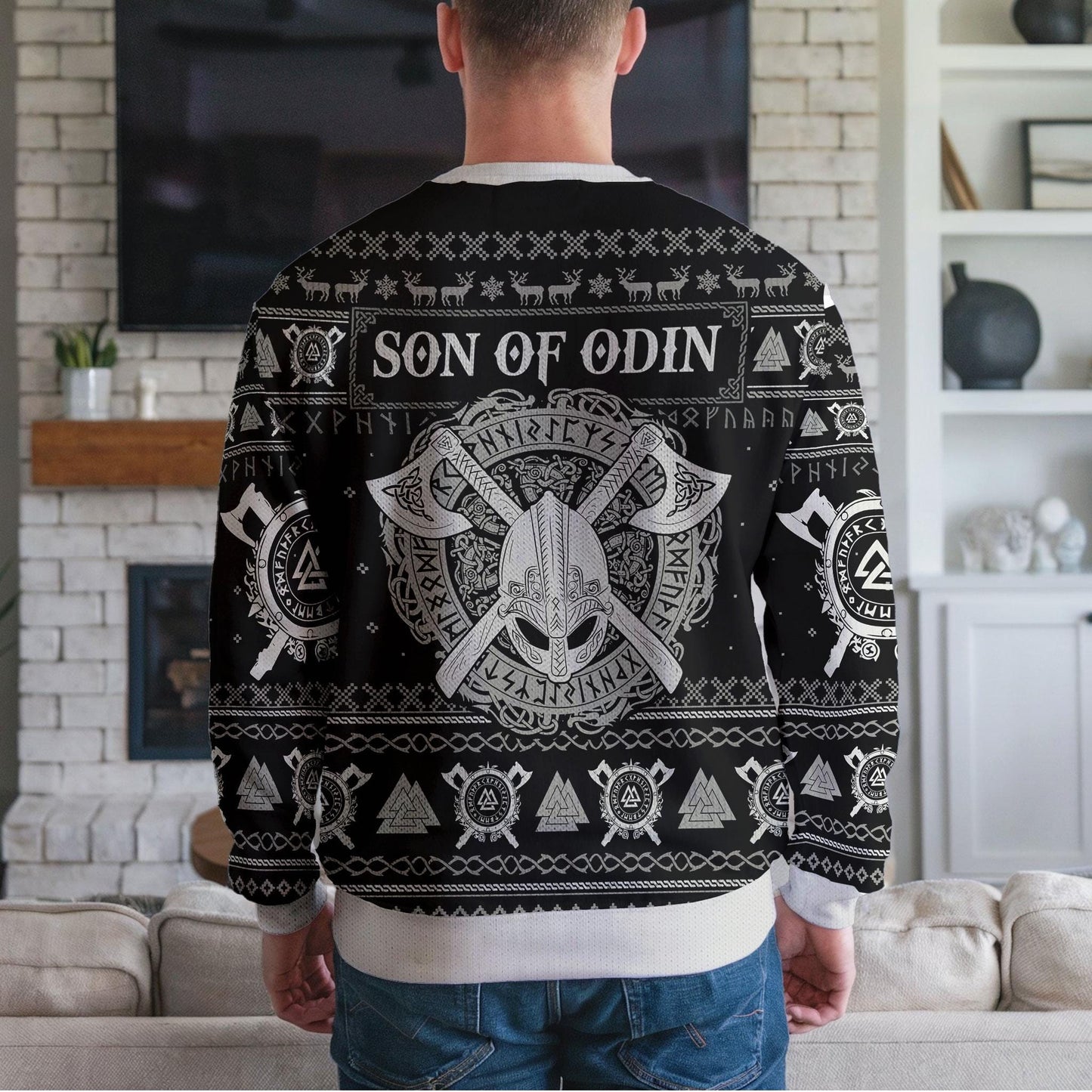 Son of Odin Viking Christmas Sweater For Men Women, Norse Mythology Ugly Xmas Sweatshirt with Runes Helm and Axes Nordic Warrior Gift