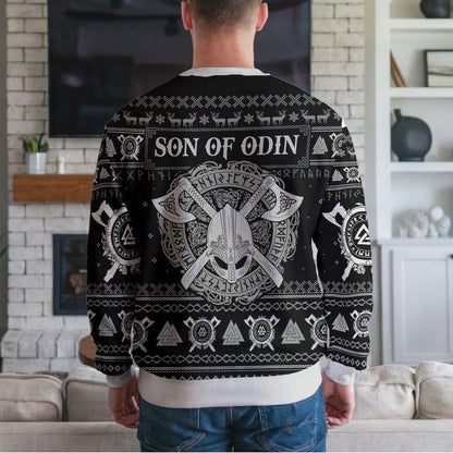 Son of Odin Viking Christmas Sweater For Men Women, Norse Mythology Ugly Xmas Sweatshirt with Runes Helm and Axes Nordic Warrior Gift