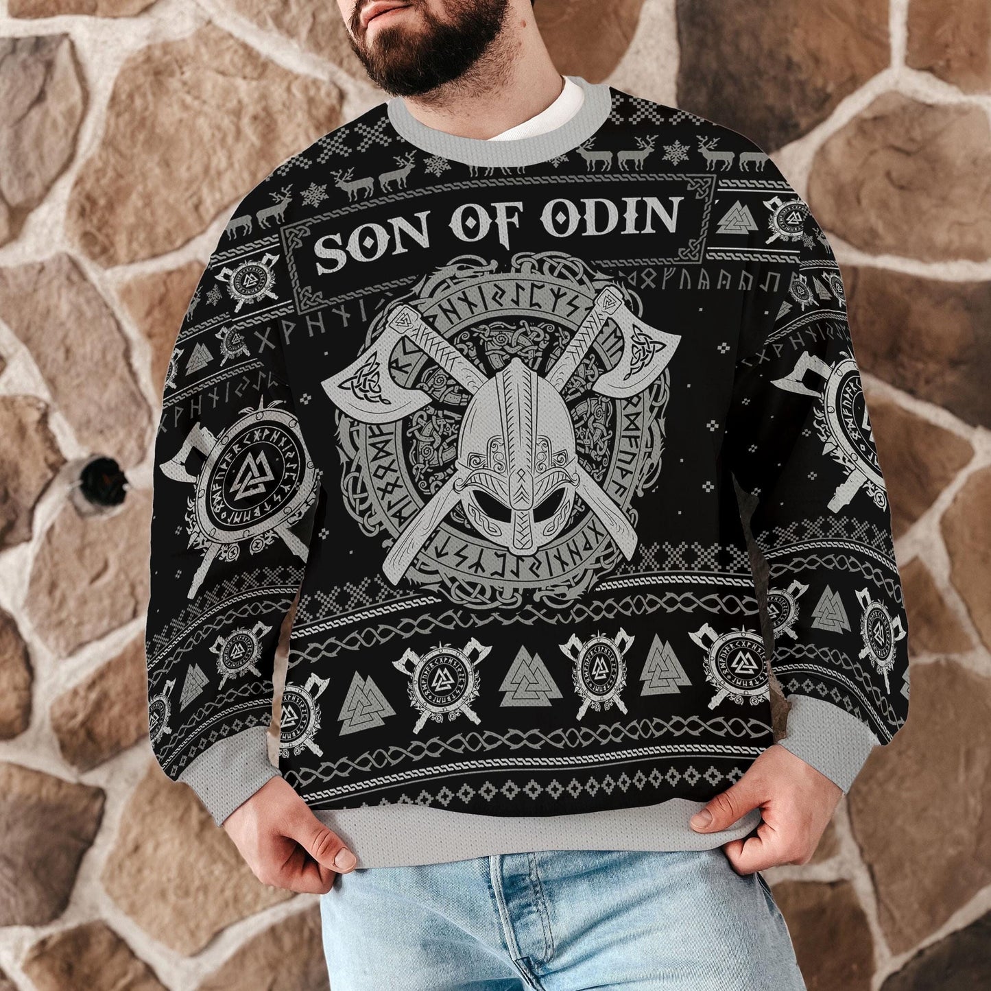 Son of Odin Viking Christmas Sweater For Men Women, Norse Mythology Ugly Xmas Sweatshirt with Runes Helm and Axes Nordic Warrior Gift