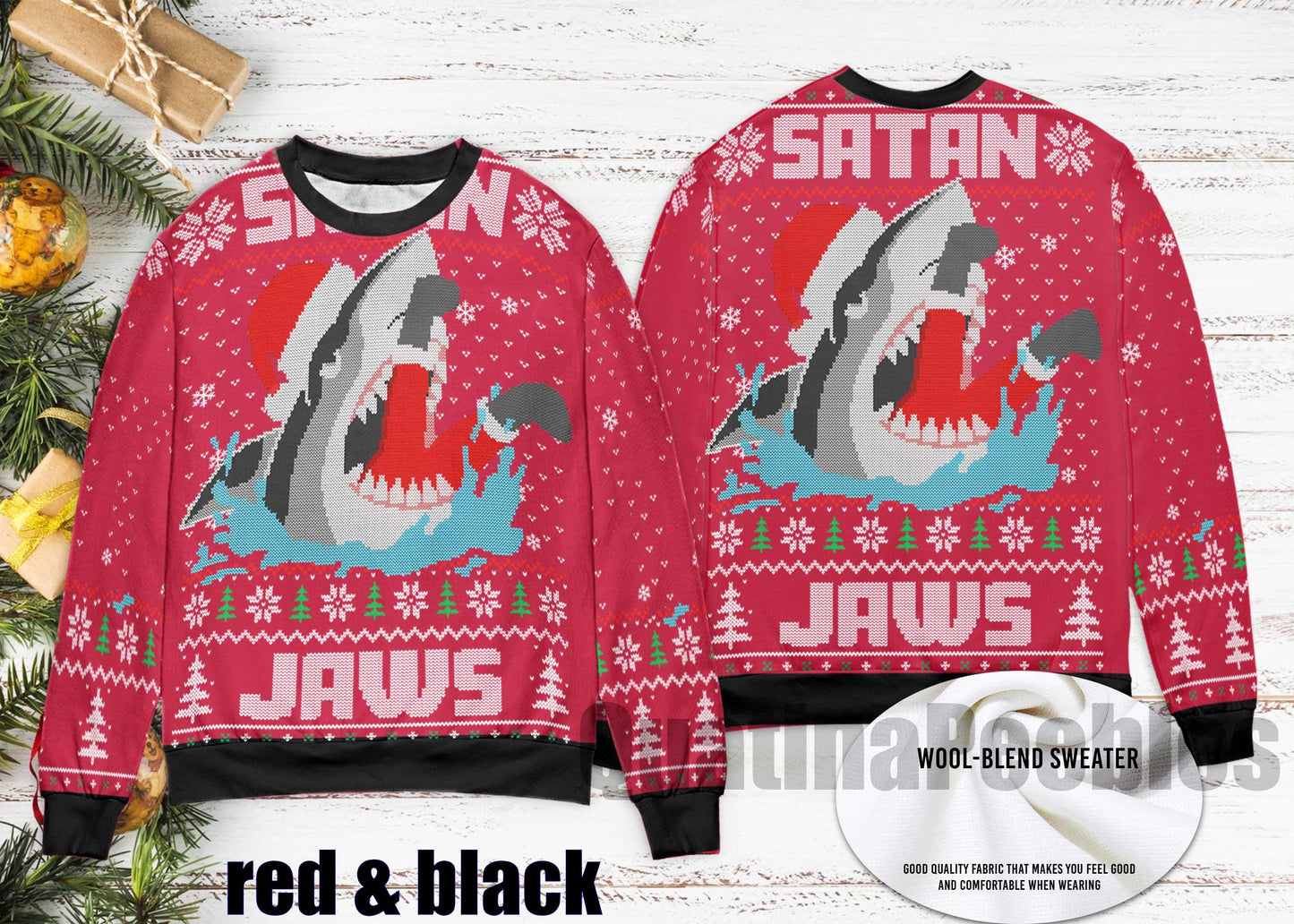 Santa Jaws Shark Men's Ugly Sweater Ugly Sweater, Santa Jaw Christmas Sweater – Unisex Funny Sweater for Family, Christmas Ugly Sweater