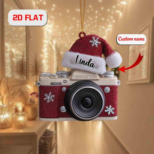 Personalized Camera Ornament with Santa Hat, Custom Name Christmas Gift for Photographer, Photography Lover Holiday Tree Decoration