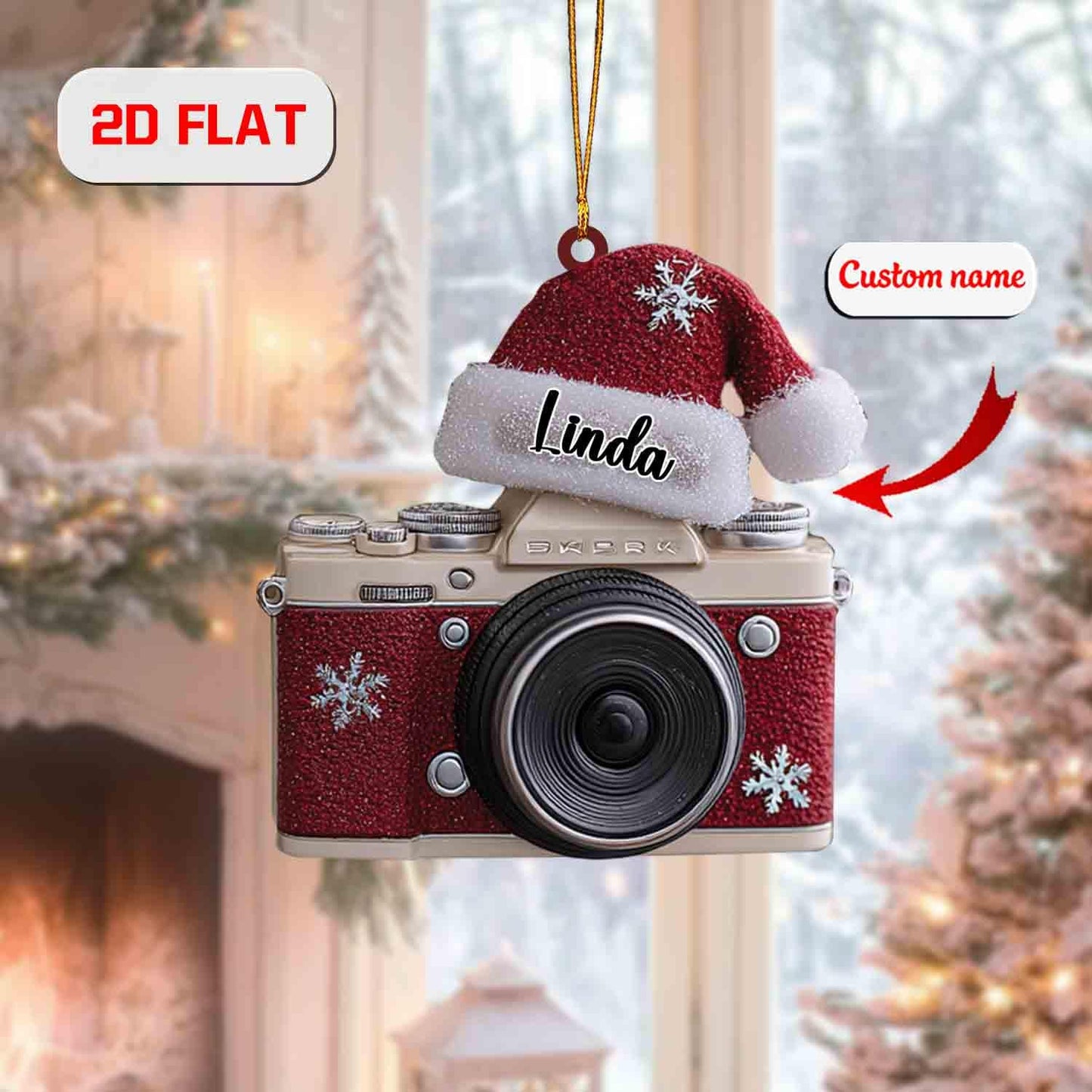 Personalized Camera Ornament with Santa Hat, Custom Name Christmas Gift for Photographer, Photography Lover Holiday Tree Decoration