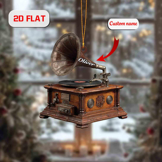 Personalized Gramophone Ornament, Custom Name Vintage Record Player Christmas Decoration, Retro Music Lover Holiday Tree Keepsake
