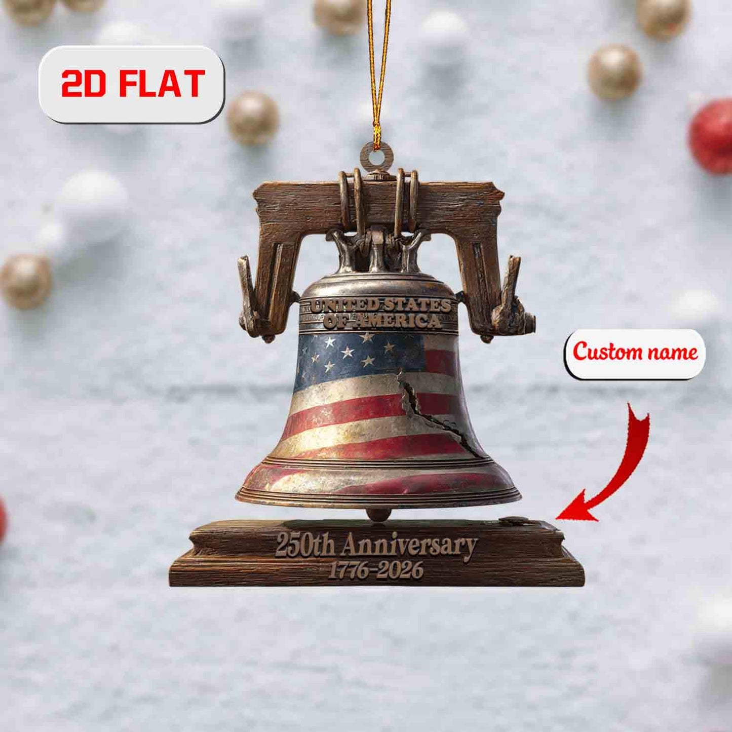Liberty Bell USA 250th Anniversary Ornament 2026, Custom Name Patriotic Christmas Decoration, American Independence Holiday Keepsake