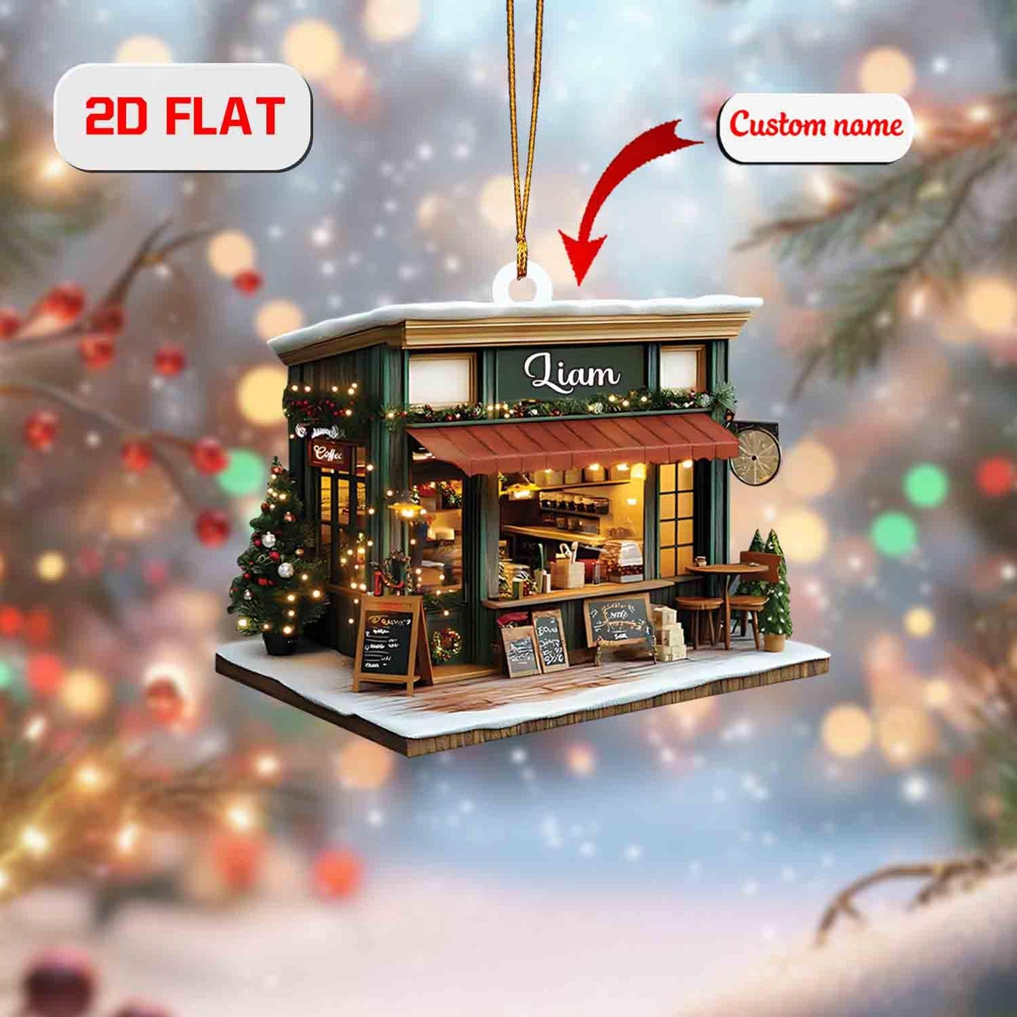 Personalized Coffee Shop Ornament, Custom Name Christmas Decoration, Café Holiday Keepsake, Barista Gift, Coffee Lover Tree Ornament