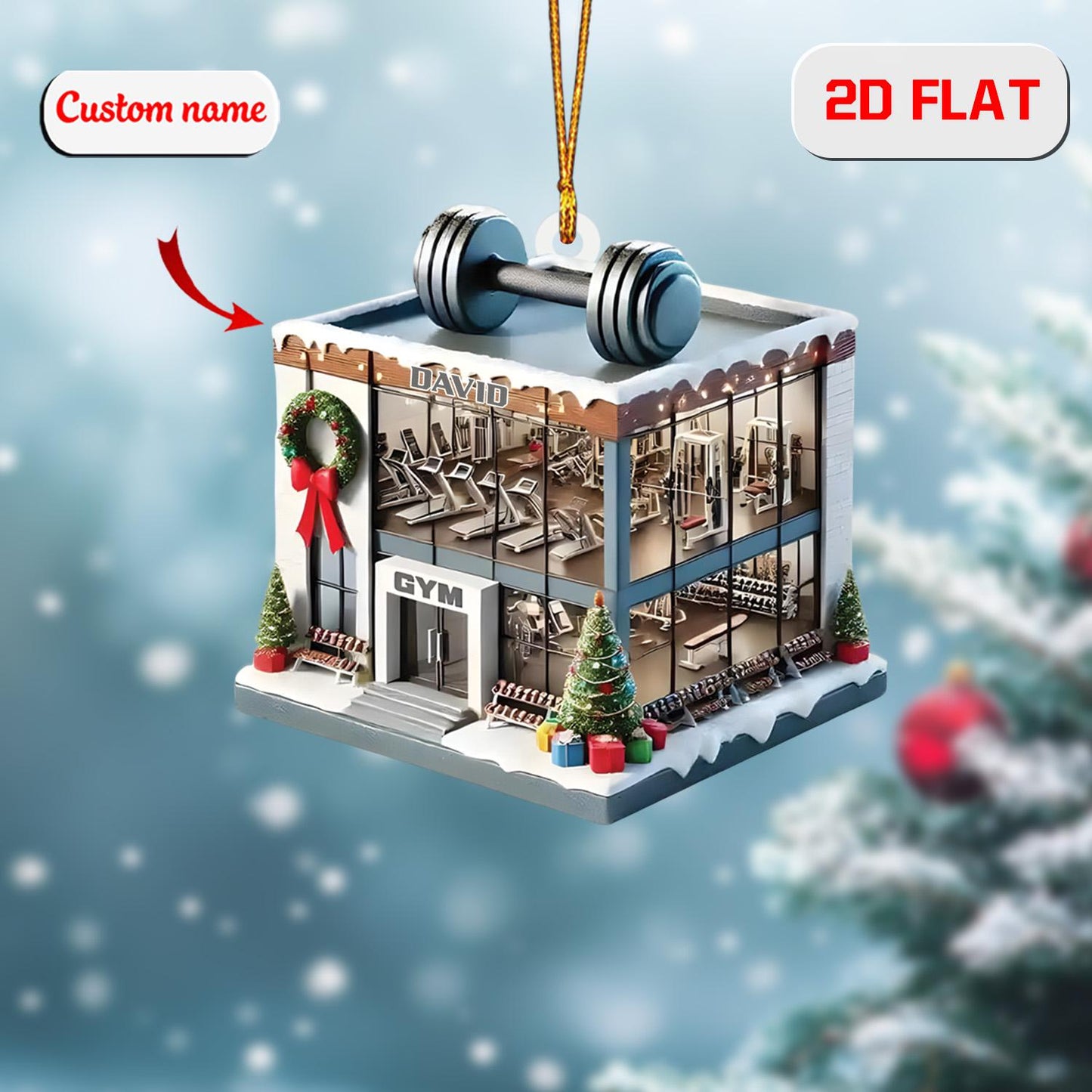 Custom 2D Flat Gym Building Ornament, Personalized Acrylic Christmas Decoration, Fitness Holiday Gift for Bodybuilder Trainer Gym Lover