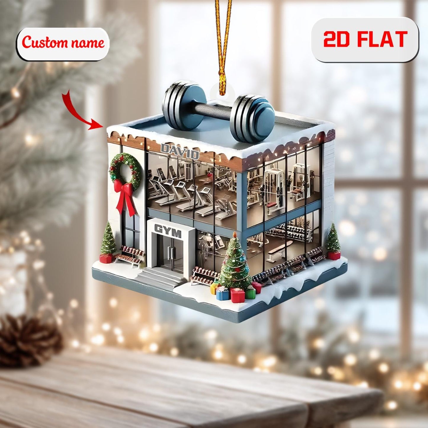 Custom 2D Flat Gym Building Ornament, Personalized Acrylic Christmas Decoration, Fitness Holiday Gift for Bodybuilder Trainer Gym Lover