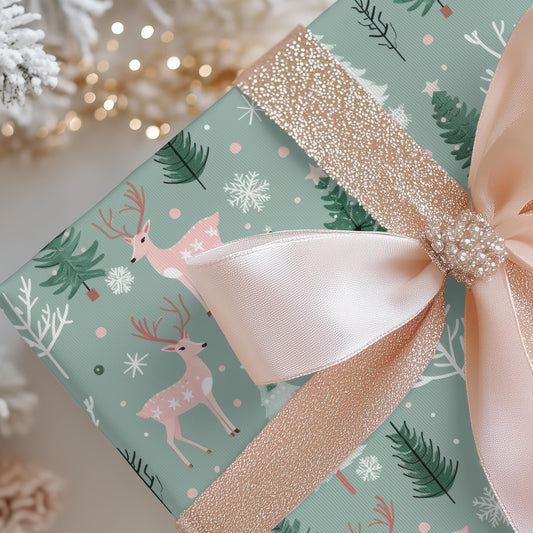 Pink & Sage Green Christmas Gift Wrap: Winter Woodlands Wrapping paper