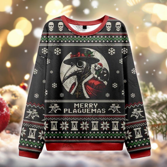 Plague Doctor Ugly Christmas Sweater, Gothic Holiday Meme Pullover, Merry Plaguemas Sweatshirt, Funny Dark Xmas Gift for Him Her
