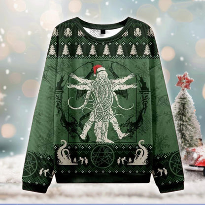 Cthulhu Vitruvian Man Ugly Christmas Sweater, Eldritch Holiday Horror Sweatshirt, Mythos Tentacle Monster Xmas Jumper, Lovecraft Fan Gift