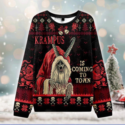 Krampus Is Coming To Town Ugly Christmas Sweater, Scary Gothic Holiday Sweatshirt, Horror Santa Xmas Jumper, Funny Creepy Christmas Gift