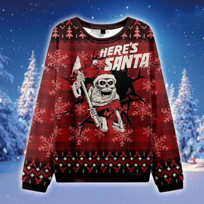 Here Santa Ugly Christmas Sweater, Horror Santa Claus Sweatshirt, Funny Skeleton Xmas Jumper, Scary Christmas Party Outfit, Gift for Him Her