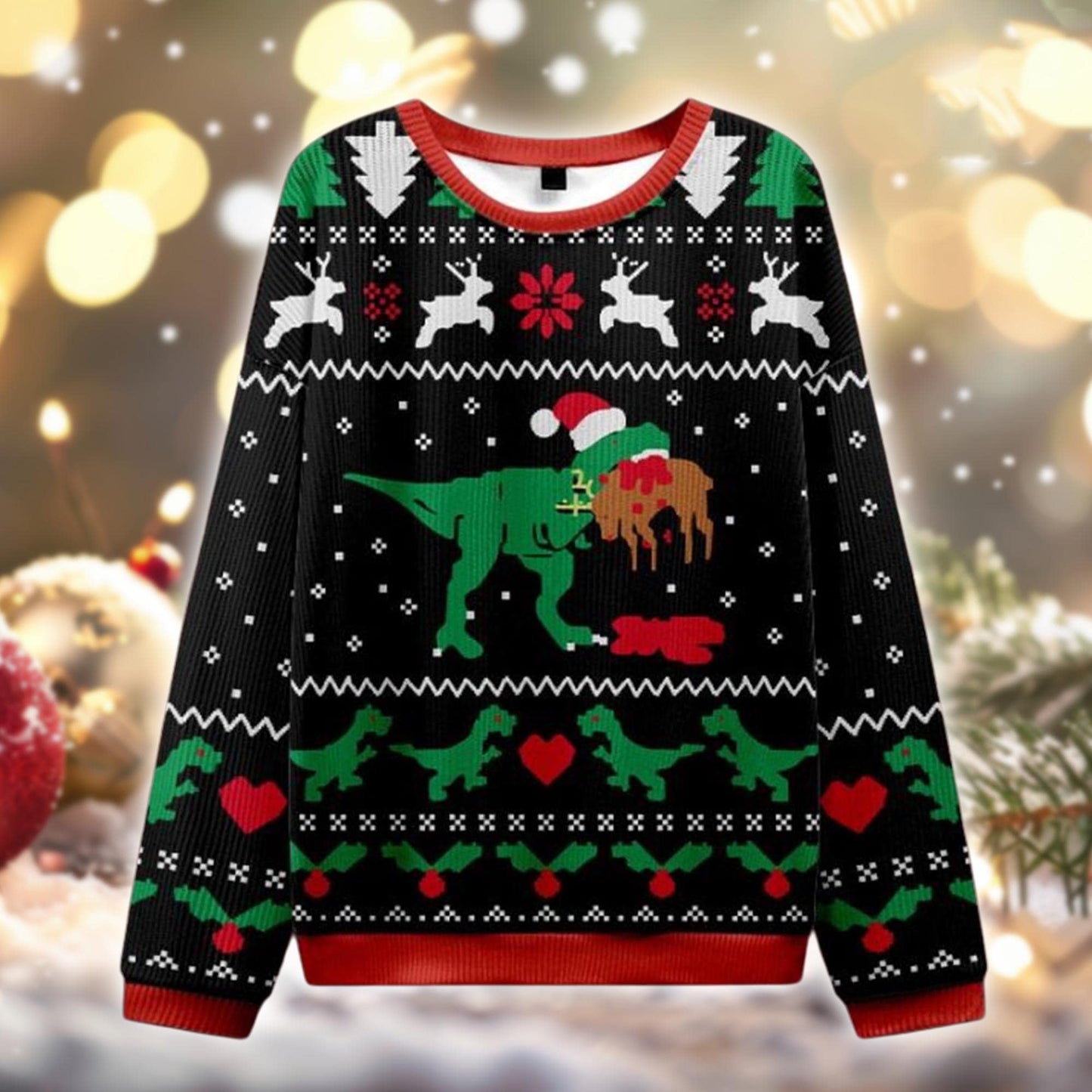 T-Rex Ugly Christmas Sweater, Dinosaur Eating Gingerbread Xmas Jumper, Funny Holiday Sweatshirt, Unisex Gift for Him Her
