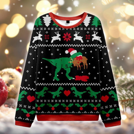 T-Rex Ugly Christmas Sweater, Dinosaur Eating Gingerbread Xmas Jumper, Funny Holiday Sweatshirt, Unisex Gift for Him Her