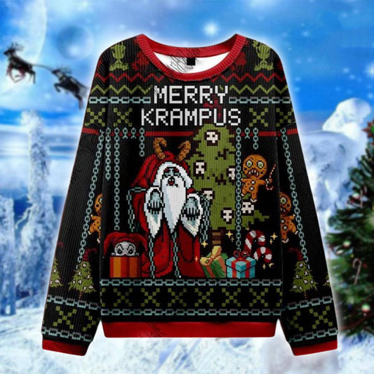 Merry Krampus Ugly Christmas Sweater, Gothic Horror Holiday Sweatshirt, Scary Santa Krampus Gift, Funny Xmas Pullover Unisex