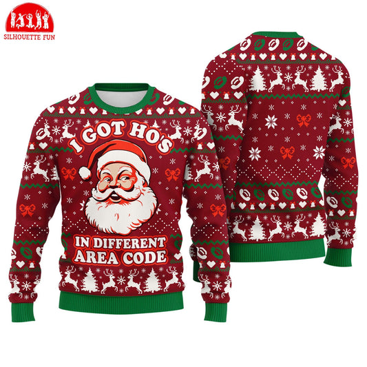 Funny Santa Ugly Christmas Sweater, I Got Ho's In Different Area Code, Funny Xmas Sweatshirt, Christmas Party Gift, Family Ugly Xmas Sweater