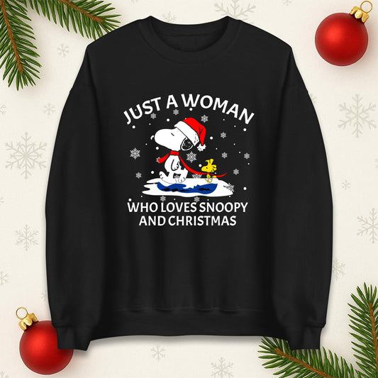Just A Woman Who Loves Snoopy And Christmas Jumper, Funny Xmas Tee, Cute Holiday Gift Sweatshirt, Snoopy Lover Ugly Christmas Top