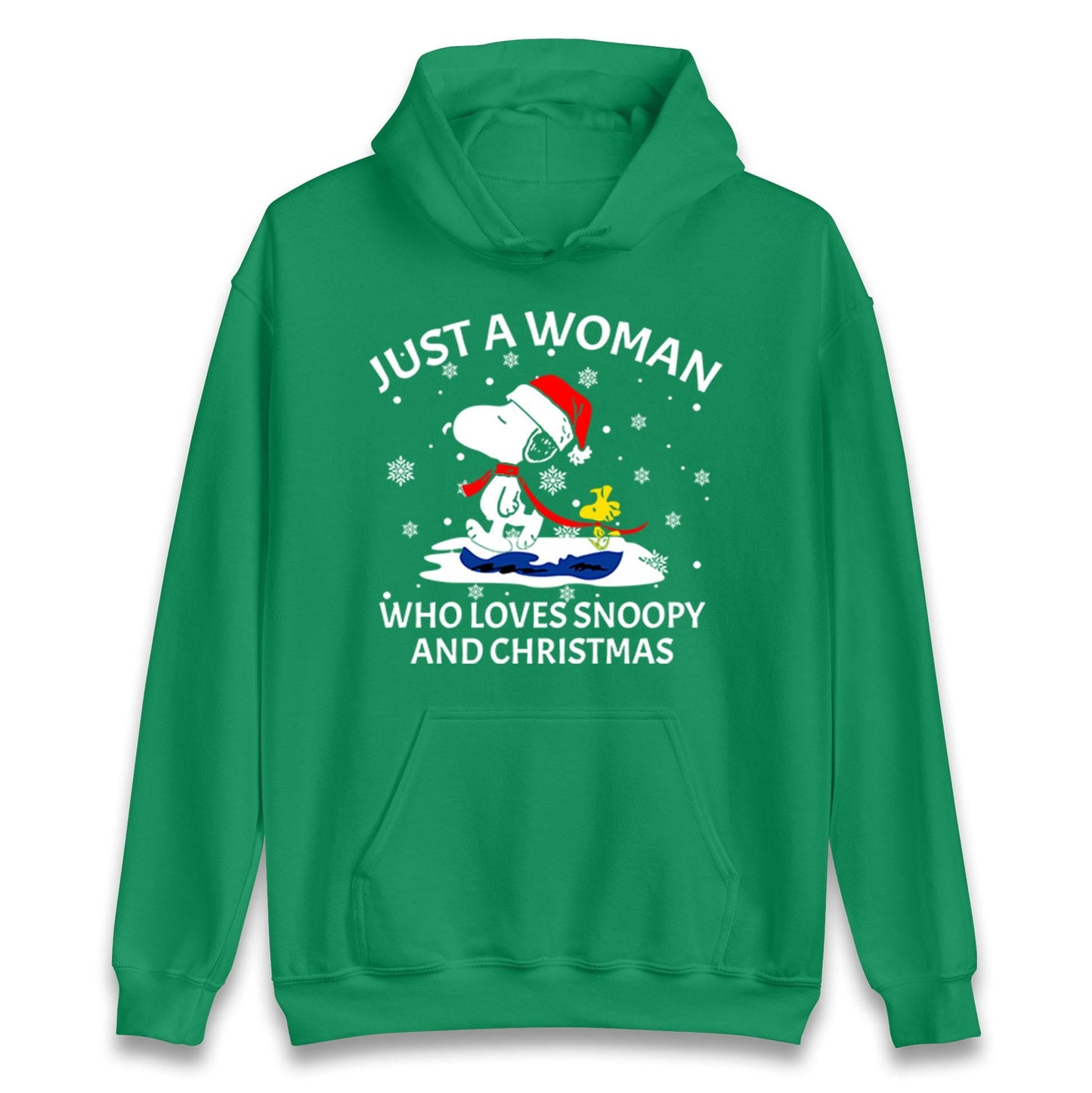 Just A Woman Who Loves Snoopy And Christmas Jumper, Funny Xmas Tee, Cute Holiday Gift Sweatshirt, Snoopy Lover Ugly Christmas Top