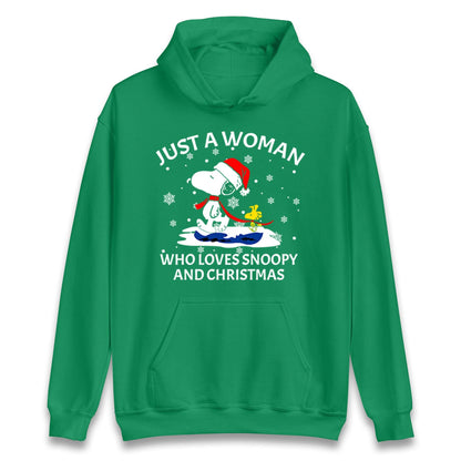 Just A Woman Who Loves Snoopy And Christmas Jumper, Funny Xmas Tee, Cute Holiday Gift Sweatshirt, Snoopy Lover Ugly Christmas Top