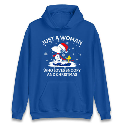 Just A Woman Who Loves Snoopy And Christmas Jumper, Funny Xmas Tee, Cute Holiday Gift Sweatshirt, Snoopy Lover Ugly Christmas Top