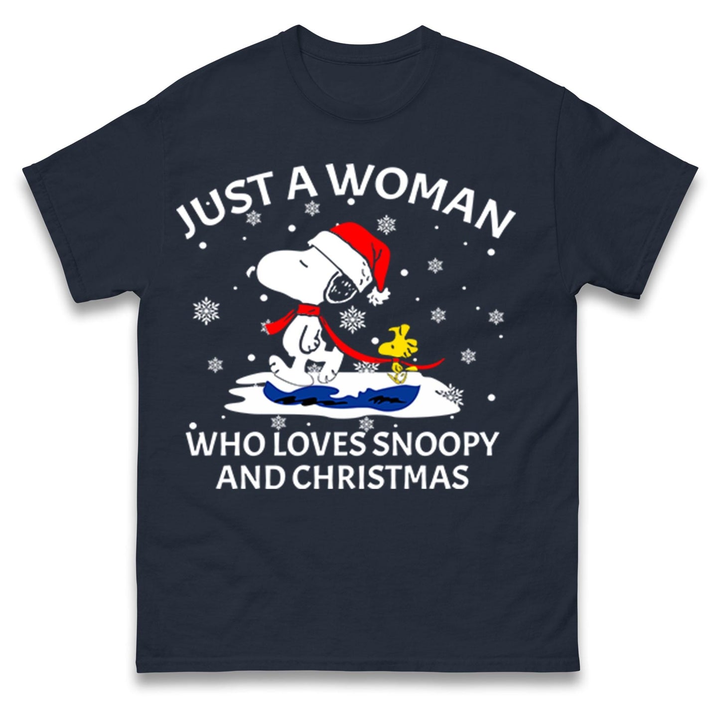 Just A Woman Who Loves Snoopy And Christmas Jumper, Funny Xmas Tee, Cute Holiday Gift Sweatshirt, Snoopy Lover Ugly Christmas Top