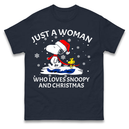 Just A Woman Who Loves Snoopy And Christmas Jumper, Funny Xmas Tee, Cute Holiday Gift Sweatshirt, Snoopy Lover Ugly Christmas Top