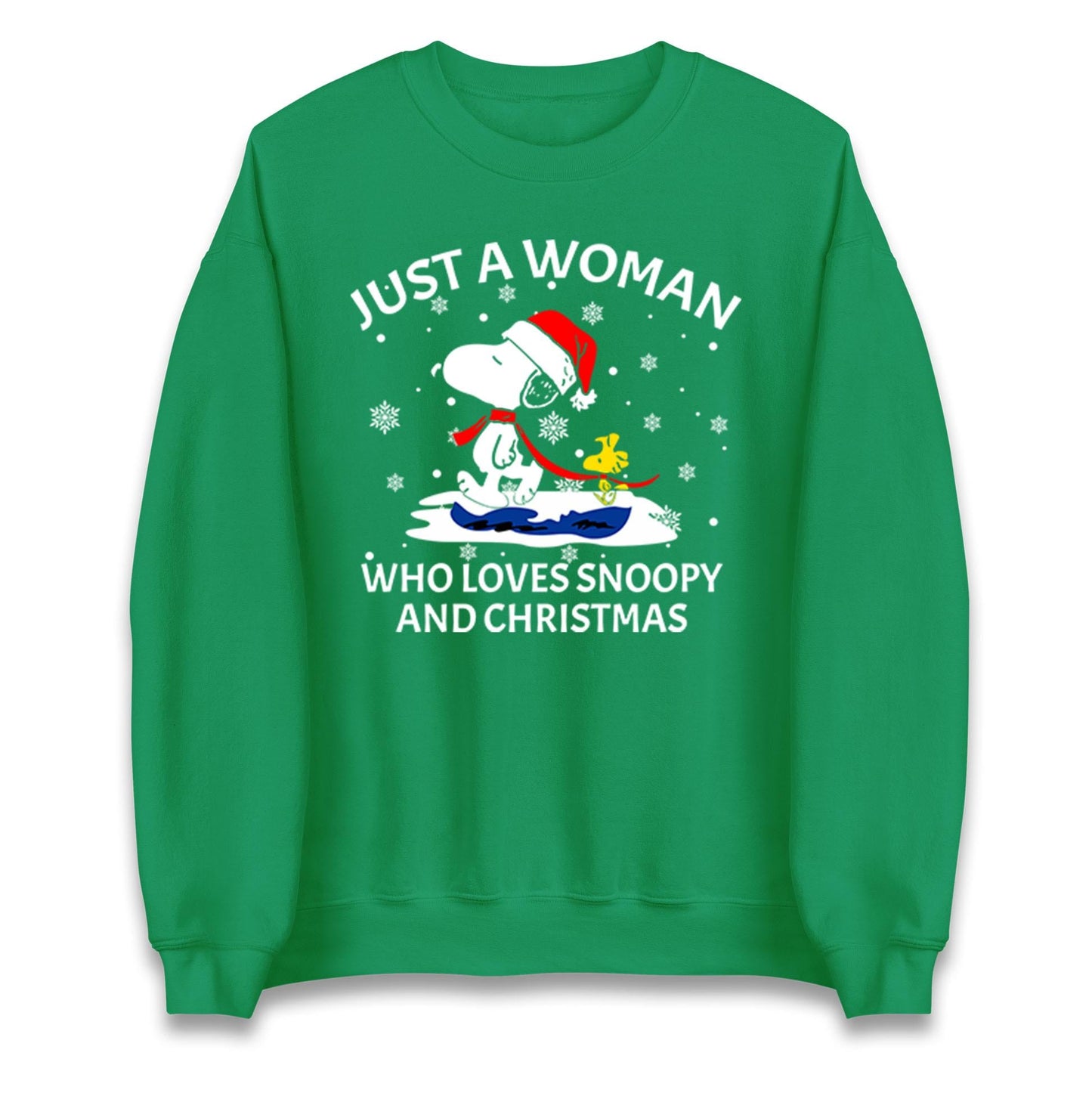 Just A Woman Who Loves Snoopy And Christmas Jumper, Funny Xmas Tee, Cute Holiday Gift Sweatshirt, Snoopy Lover Ugly Christmas Top