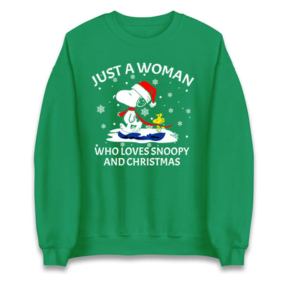 Just A Woman Who Loves Snoopy And Christmas Jumper, Funny Xmas Tee, Cute Holiday Gift Sweatshirt, Snoopy Lover Ugly Christmas Top