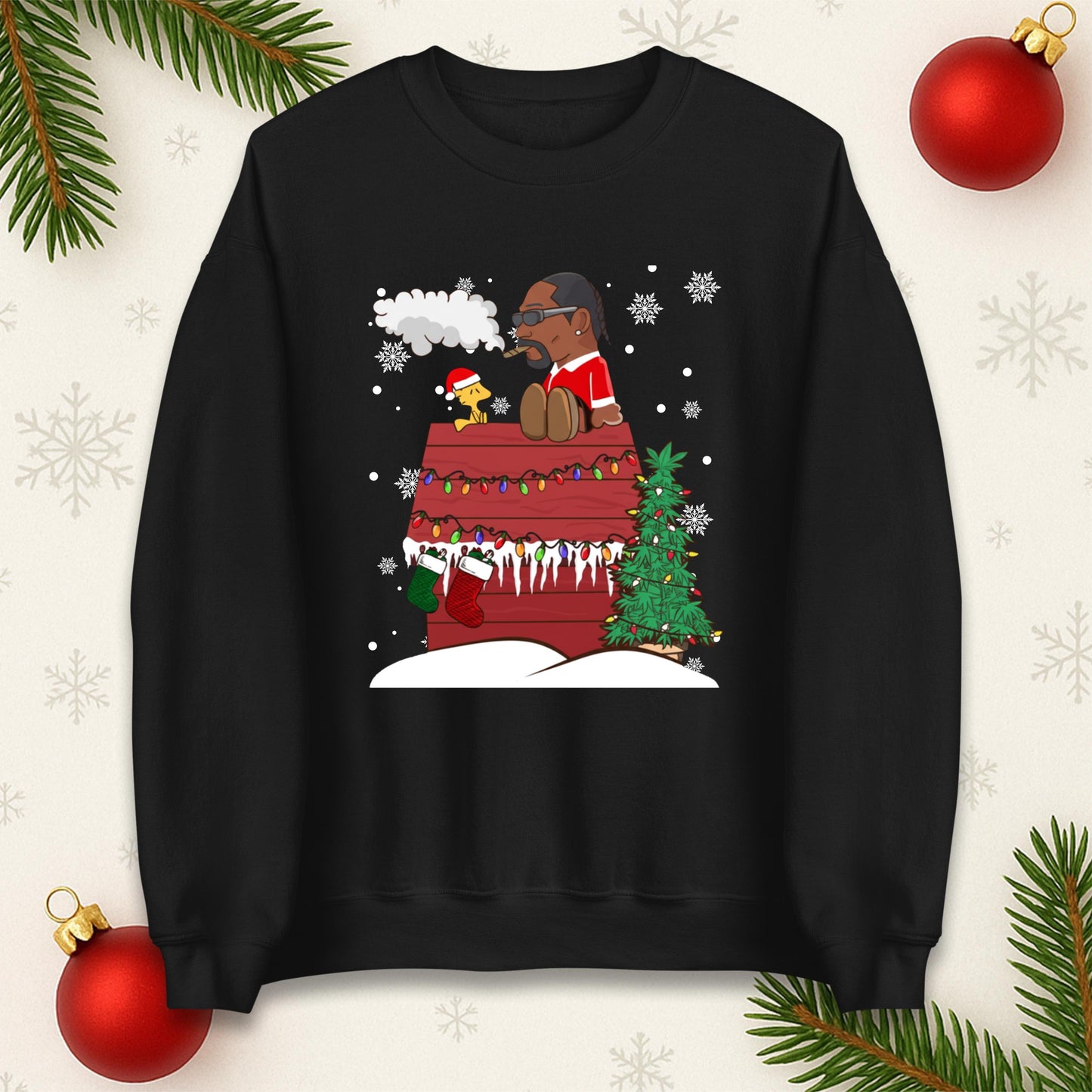 Snoop Dogg Christmas Jumper, Funny Santa Weed Tee, Cool Xmas Gift for Men Women, Snoopy Parody Holiday Sweatshirt, Hip Hop Festive Top