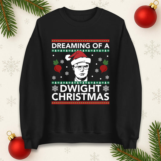 Dreaming Of A Dwight Christmas Jumper, Funny TV Show Xmas Hoodie, Office Holiday Party T Shirt, Festive Gift Sweatshirt