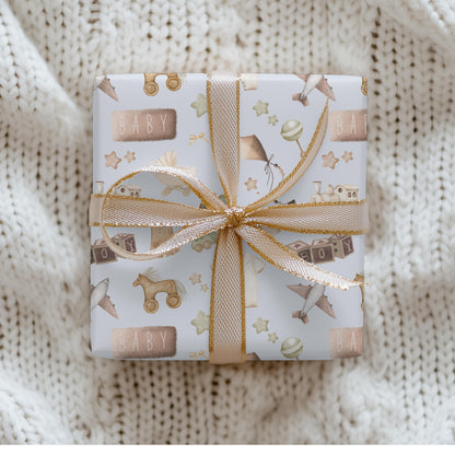 Baby Boy Watercolor Gift Wrap: Blue & Brown Nursery Decor