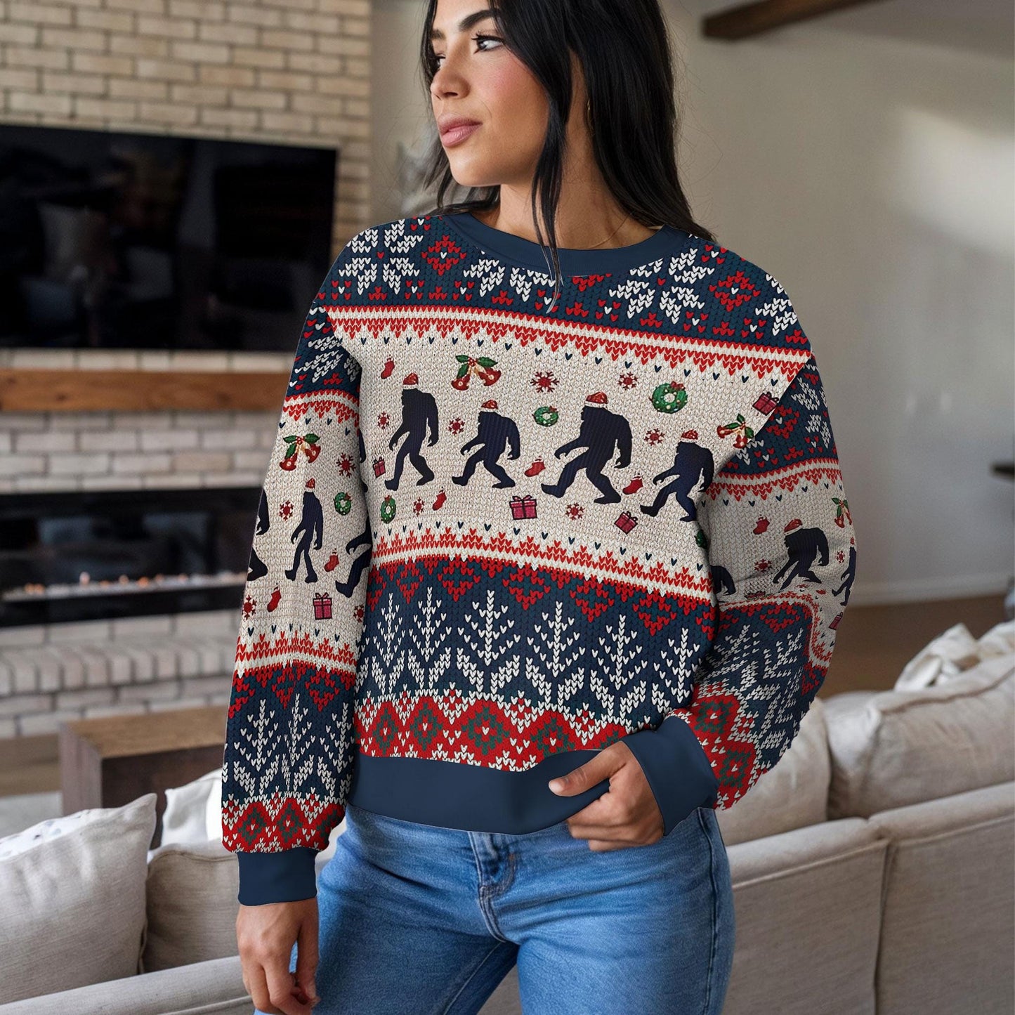 Funny Bigfoot Ugly Christmas Sweater, Ugly Sasquatch Holiday Sweatshirt for Men Women, Xmas Party Gift Winter Forest Design