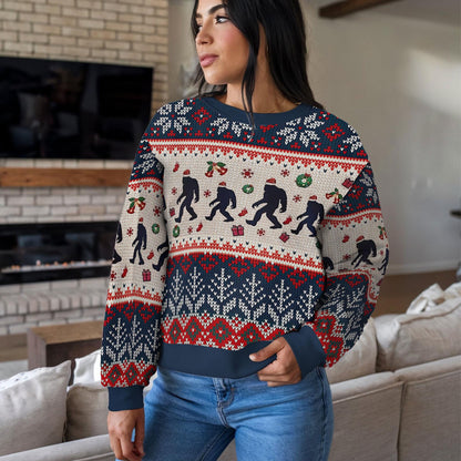 Funny Bigfoot Ugly Christmas Sweater, Ugly Sasquatch Holiday Sweatshirt for Men Women, Xmas Party Gift Winter Forest Design
