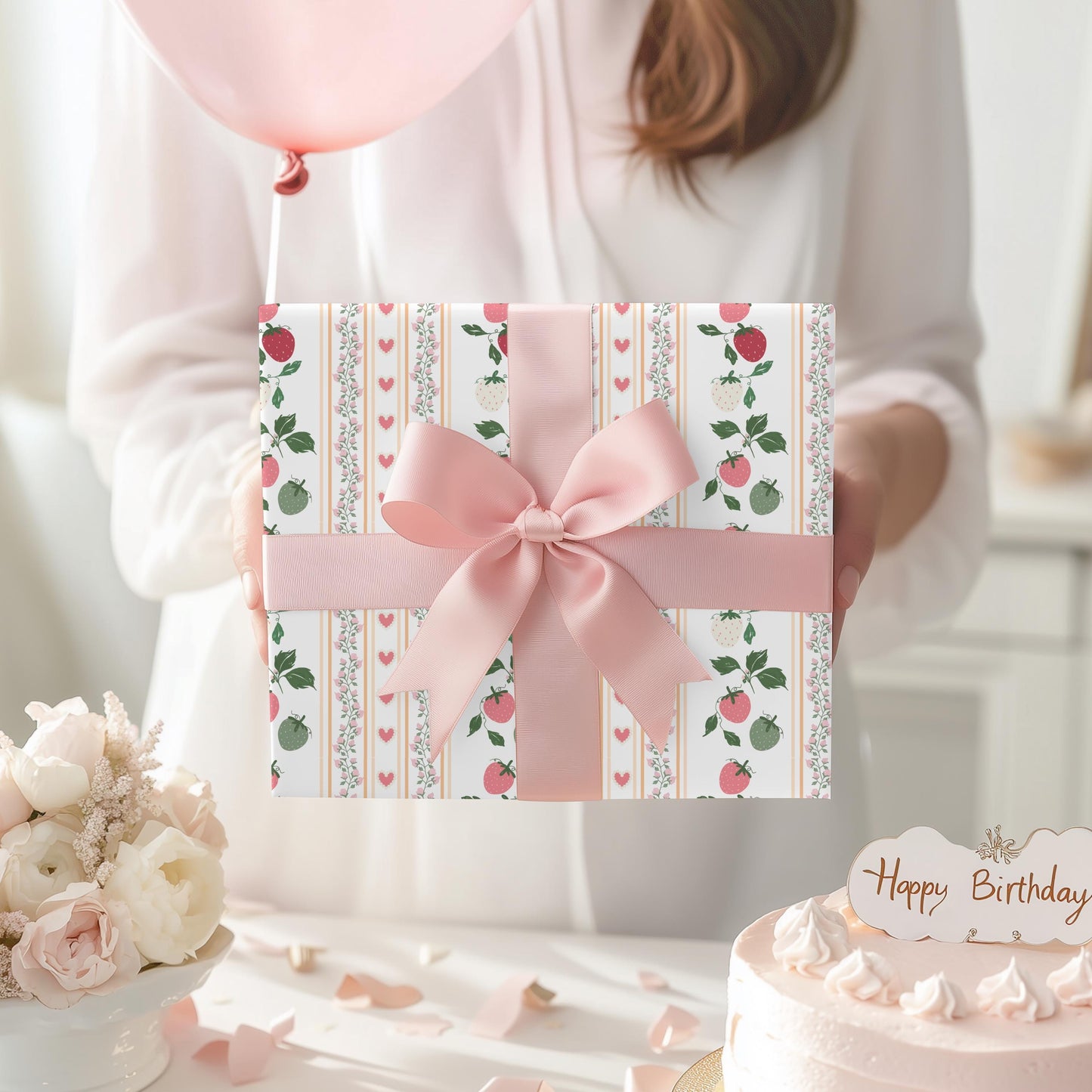 Pink Berry Wrapping Paper: Preppy Girly Gift Wrap