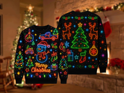 Ugly Christmas Sweater Neon Lights, Funny Snowman Xmas Sweatshirt, Colorful Holiday Party Outfit, Merry Christmas Gift Top