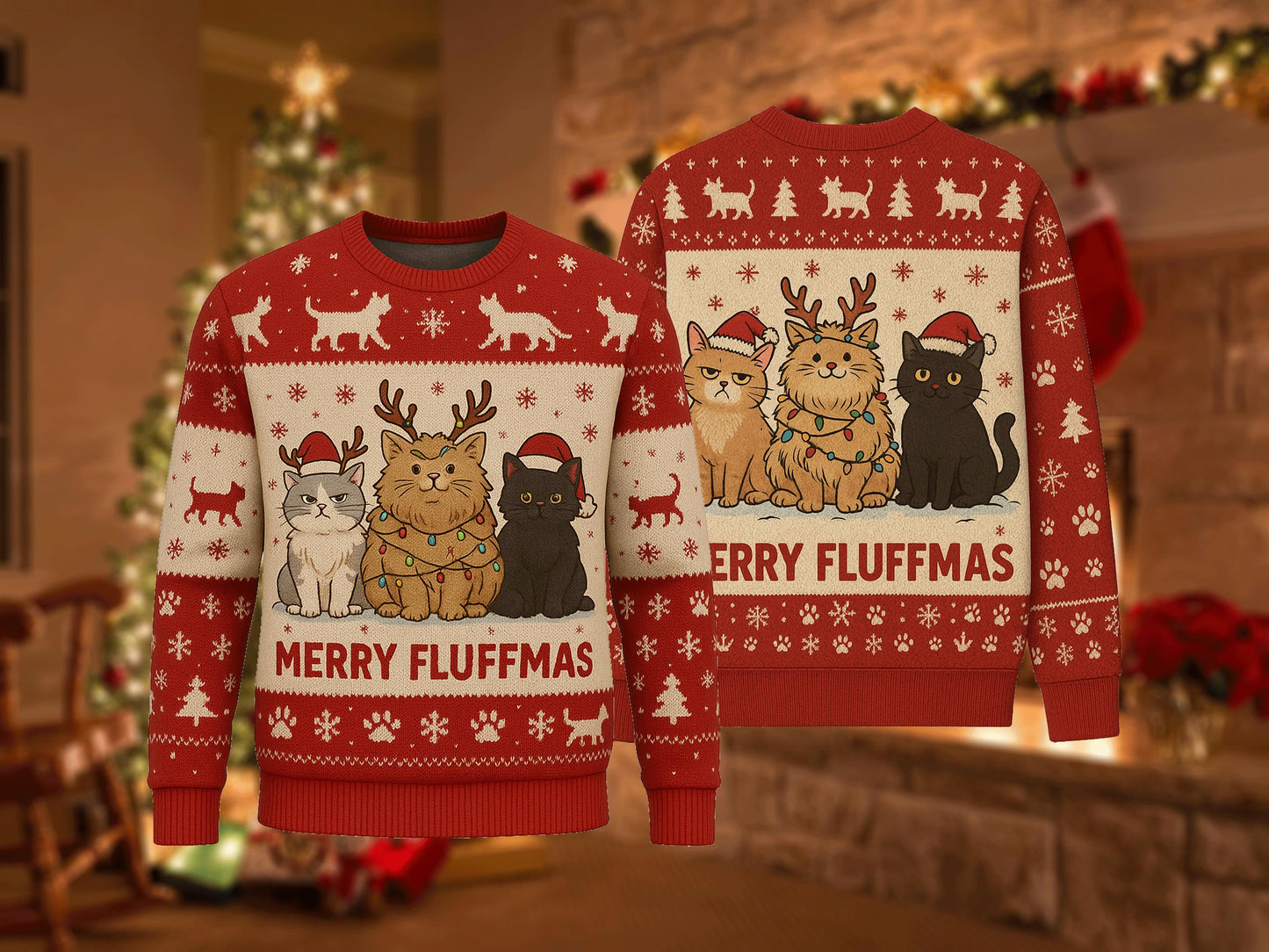 Ugly Christmas Sweater Cats, Funny Merry Fluffmas Xmas Sweatshirt, Holiday Party Outfit, Cute Cat Lover Winter Gift Pullover