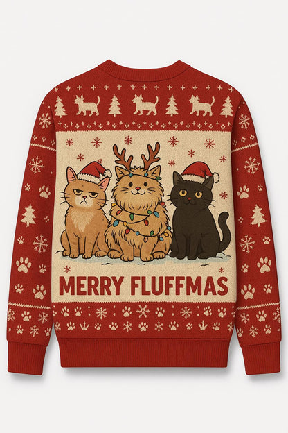 Ugly Christmas Sweater Cats, Funny Merry Fluffmas Xmas Sweatshirt, Holiday Party Outfit, Cute Cat Lover Winter Gift Pullover