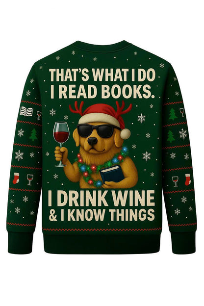 Ugly Christmas Sweater Dog Wine Books, Funny Reading Xmas Sweatshirt, Holiday Party Pullover, Book Lover Gift Top