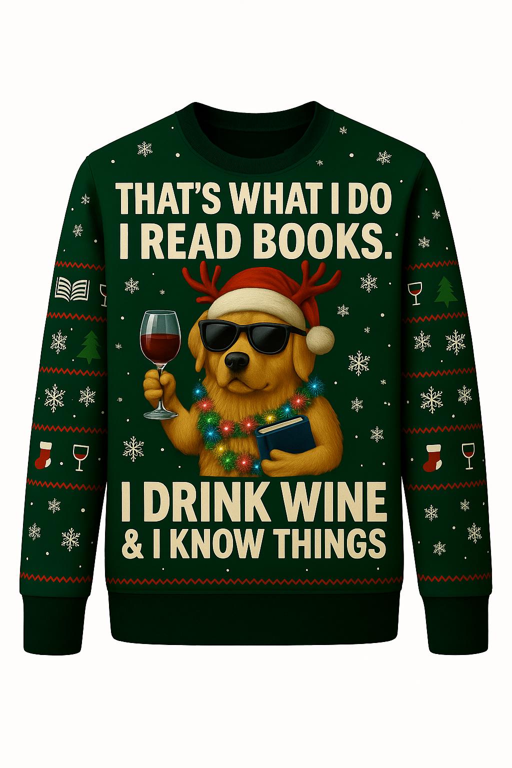 Ugly Christmas Sweater Dog Wine Books, Funny Reading Xmas Sweatshirt, Holiday Party Pullover, Book Lover Gift Top