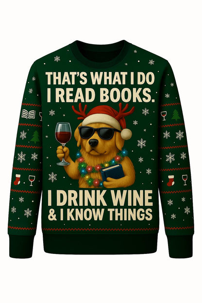 Ugly Christmas Sweater Dog Wine Books, Funny Reading Xmas Sweatshirt, Holiday Party Pullover, Book Lover Gift Top