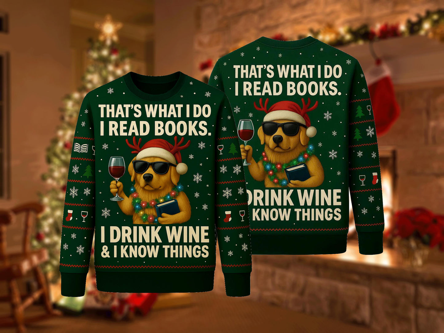 Ugly Christmas Sweater Dog Wine Books, Funny Reading Xmas Sweatshirt, Holiday Party Pullover, Book Lover Gift Top