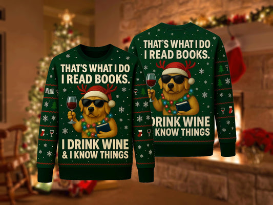 Ugly Christmas Sweater Dog Wine Books, Funny Reading Xmas Sweatshirt, Holiday Party Pullover, Book Lover Gift Top