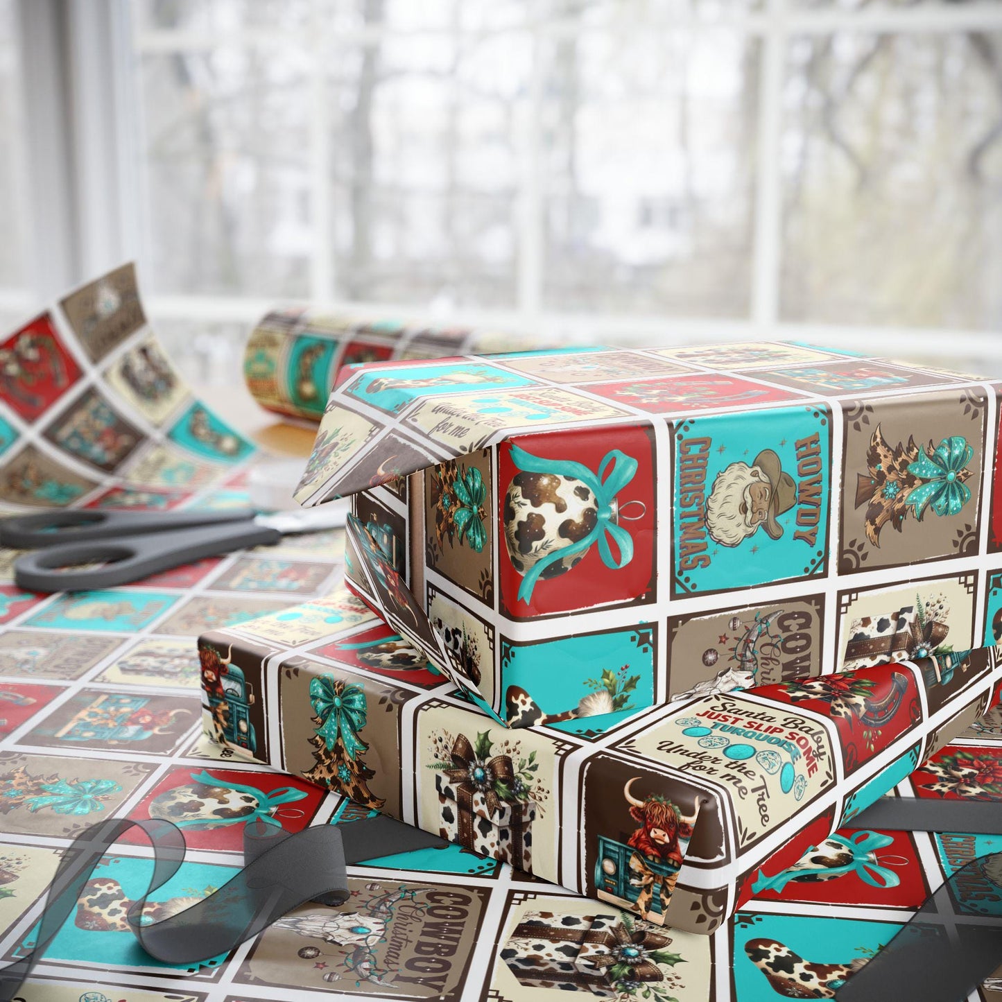 Turquoise Western Gift Wrap Paper: Retro Cowgirl Holiday Print
