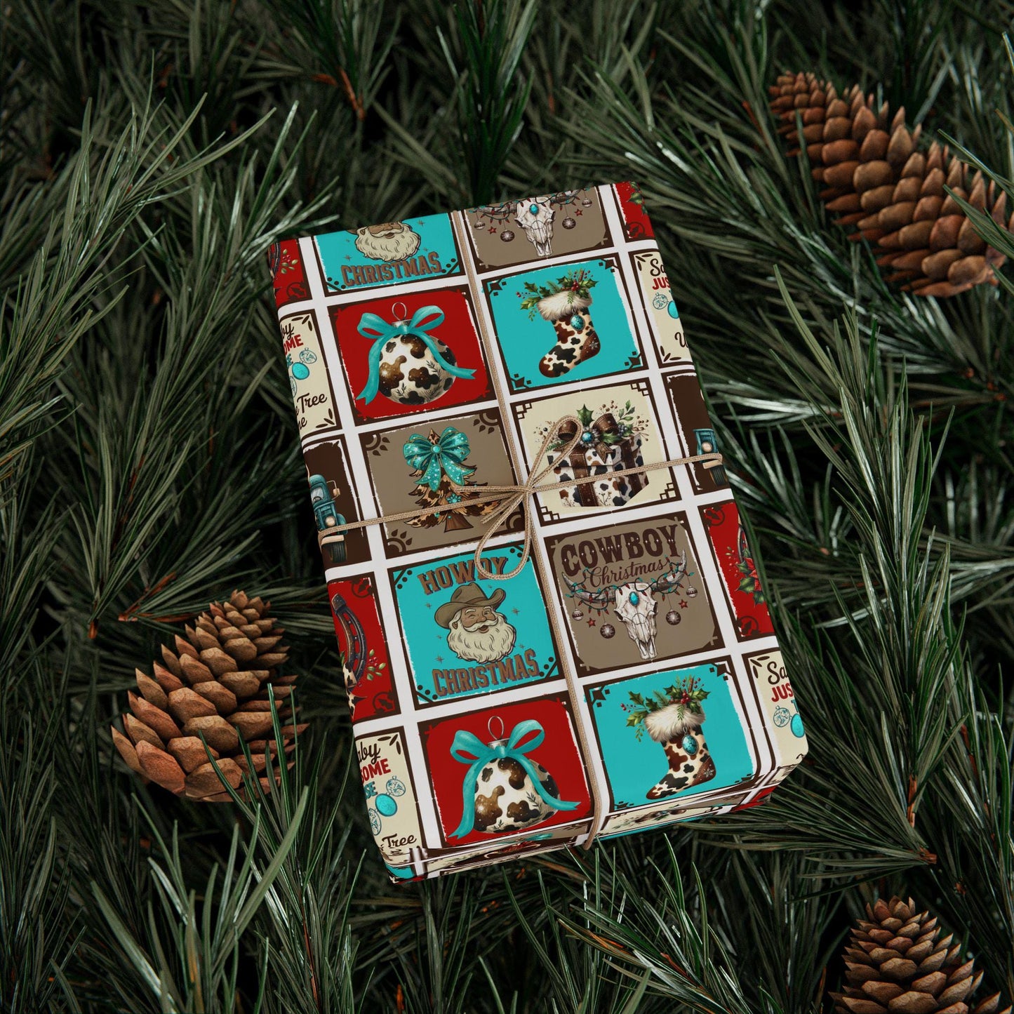 Turquoise Western Gift Wrap Paper: Retro Cowgirl Holiday Print
