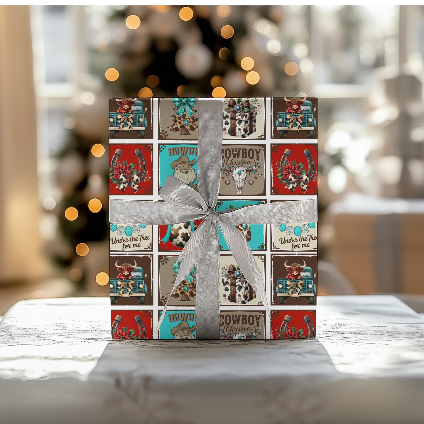 Turquoise Western Gift Wrap Paper: Retro Cowgirl Holiday Print