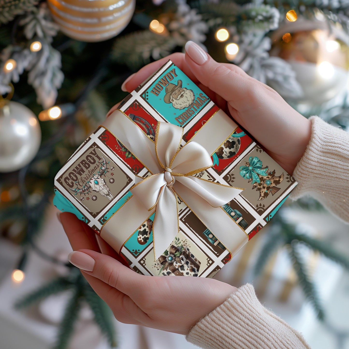 Turquoise Western Gift Wrap Paper: Retro Cowgirl Holiday Print