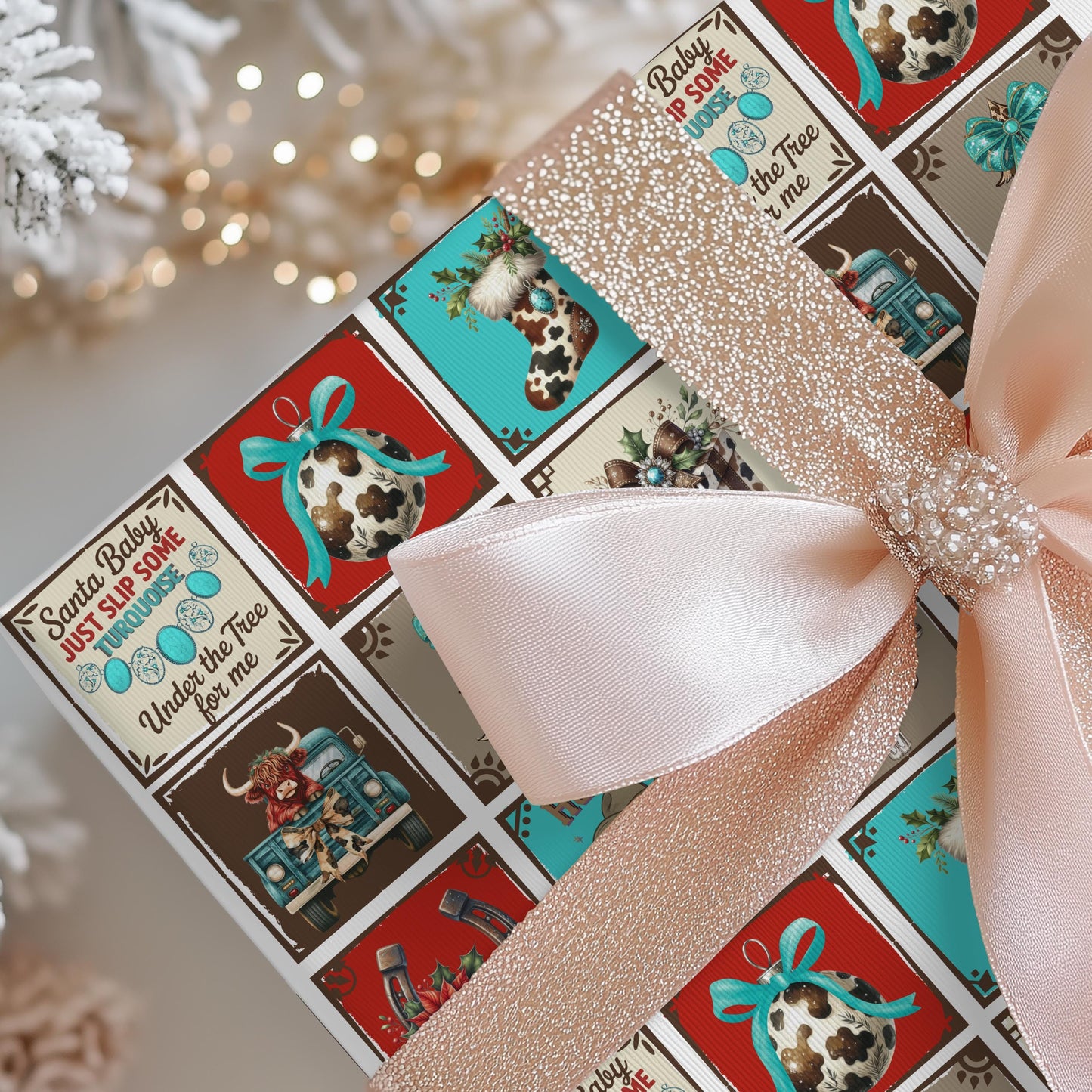Turquoise Western Gift Wrap Paper: Retro Cowgirl Holiday Print