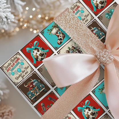Turquoise Western Gift Wrap Paper: Retro Cowgirl Holiday Print