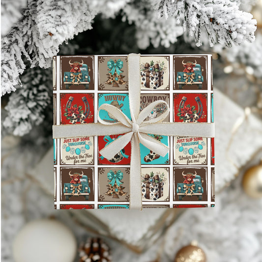 Turquoise Western Gift Wrap Paper: Retro Cowgirl Holiday Print